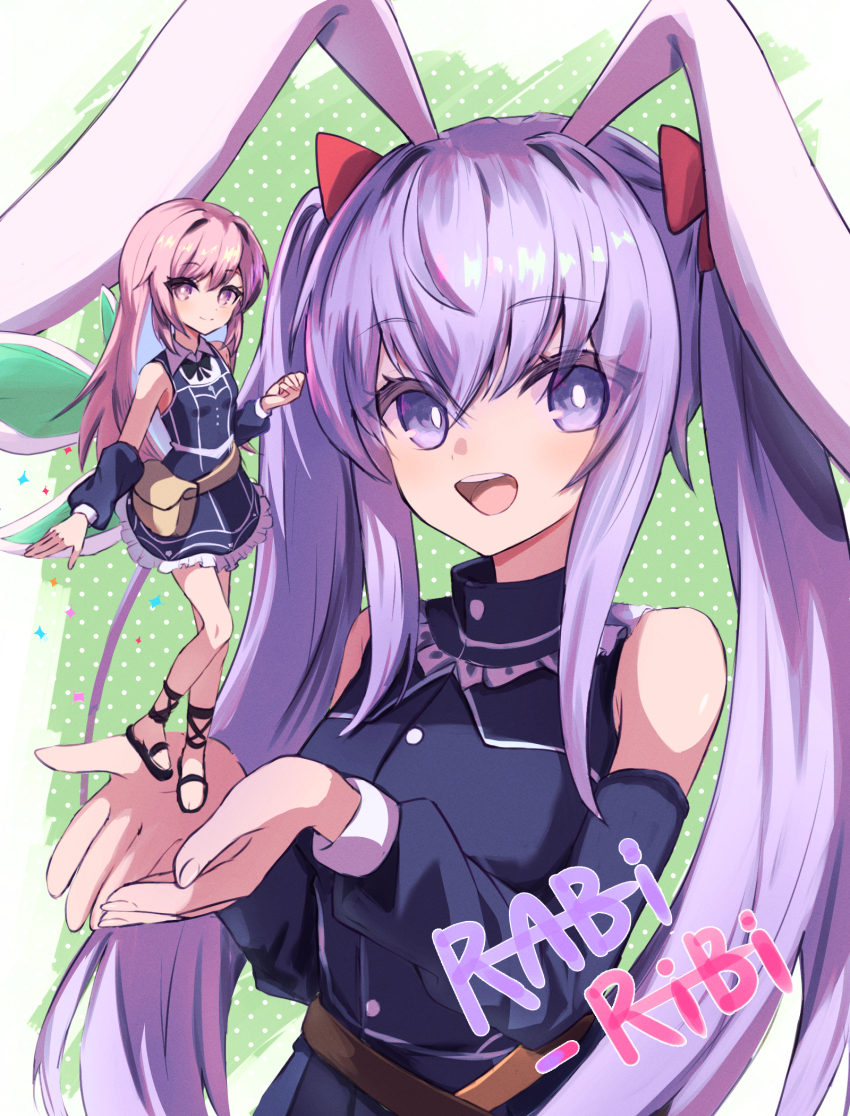 :d, animal_ears, bare_legs, bare_shoulders, belt_pouch, black_dress, bow, commentary_request, copyright_name, cupping_hands, detached_sleeves, dress, erina_(rabi-ribi), eyes_visible_through_hair, fairy, fairy_wings, frilled_shirt_collar, frills, hair_between_eyes, hair_bow, hair_down, highres, long_hair, long_sleeves, looking_at_viewer, mini_person, minigirl, open_mouth, own_hands_together, pink_eyes, pink_hair, pouch, purple_eyes, purple_hair, rabbit_ears, rabbit_girl, rabi-ribi, red_bow, reinoni, ribbon_(rabi-ribi), sandals, simple_background, smile, twintails, very_long_hair, wings