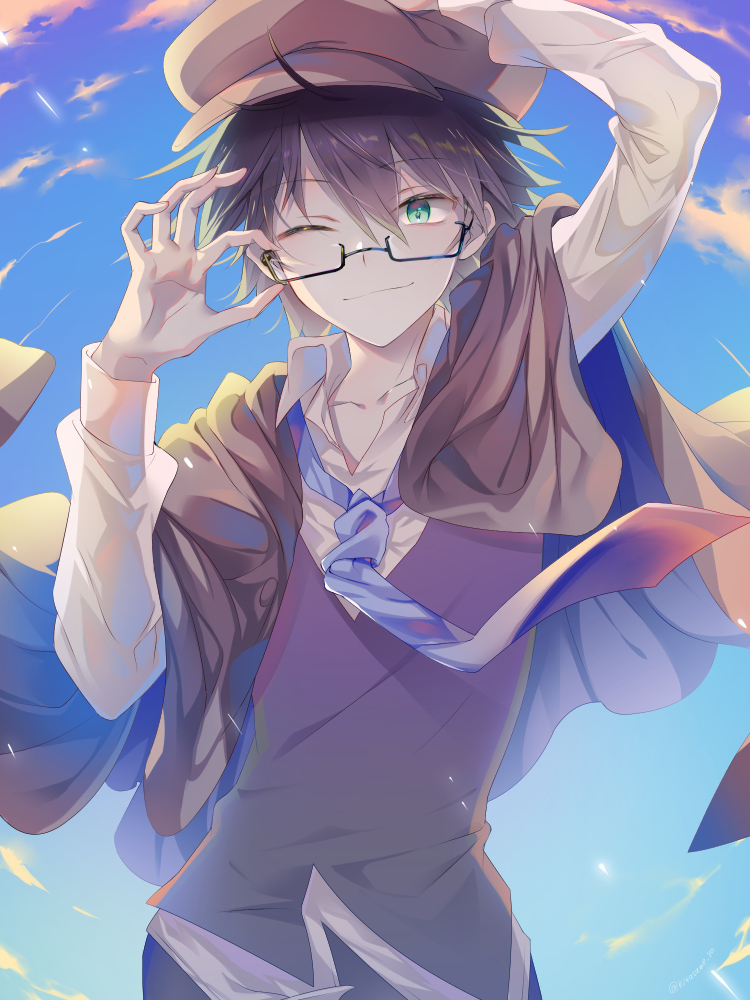 1boy, adjusting_eyewear, black-framed_eyewear, black_hair, blue_necktie, brown_cape, brown_hat, bungou_stray_dogs