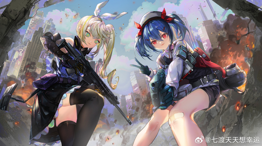 2girls, assault_rifle, battle_rifle, blue_hair, colphne_(girls'_frontline_2), girls'_frontline, girls'_frontline_2:_exilium, gloves