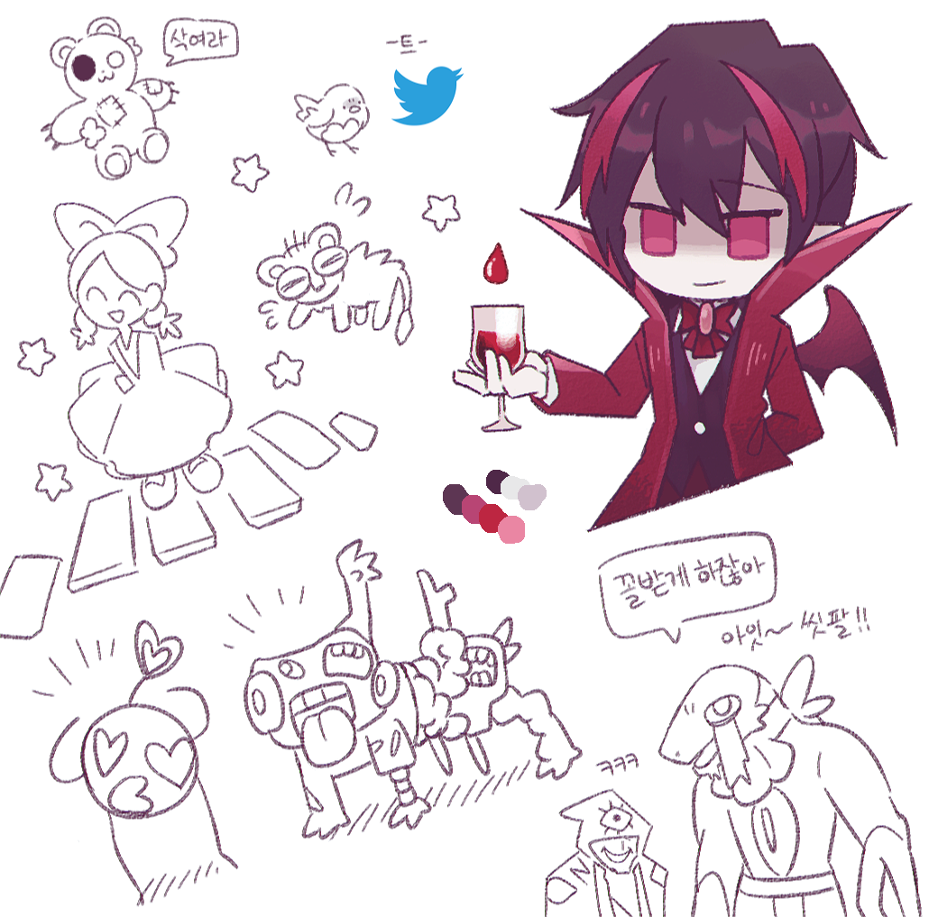 1boy, 1girl, 20_(1more_surren), ambiguous_red_liquid, bat_wings, black_hair, bow, bowtie