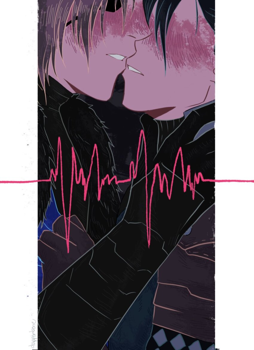 2boys, arm_up, armor, armored_gloves, black_armor, black_fur, black_gloves, black_hair