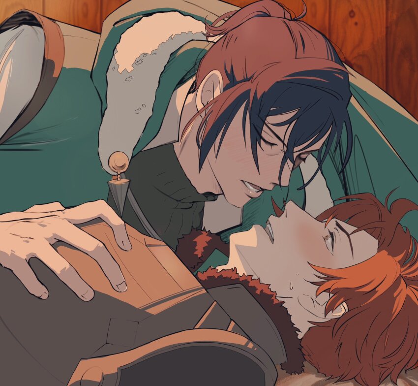 2boys, aqua_cape, aqua_tunic, armor, black_hair, black_shirt, blush, breastplate, cape, commentary_request, couple, felix_hugo_fraldarius, felix_hugo_fraldarius_(timeskip), fire_emblem, fire_emblem:_three_houses, fur-trimmed_cape, fur-trimmed_collar, fur_trim, ginger_8888, hand_on_another's_chest, highres, imminent_kiss, layered_clothes, leaning_forward, long_sleeves, looking_at_another, lower_teeth_only, lying, male_focus, multiple_boys, nervous_sweating, nintendo, on_back, open_mouth, orange_hair, ponytail, red_fur, shirt, short_ponytail, sweat, sweatdrop, sylvain_jose_gautier, sylvain_jose_gautier_(timeskip), teeth, tunic, turtleneck, upper_teeth_only, white_fur, white_shirt, yaoi, yellow_eyes