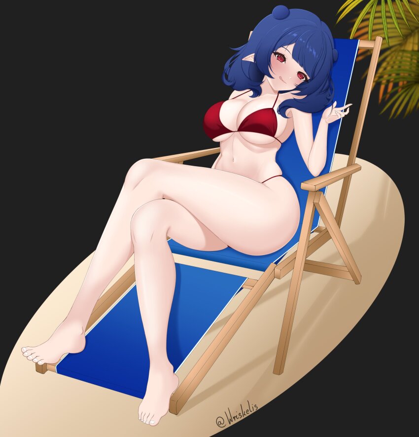 1girl, :q, barefoot, beach_chair, bikini, blue_hair, breasts, crossed_legs
