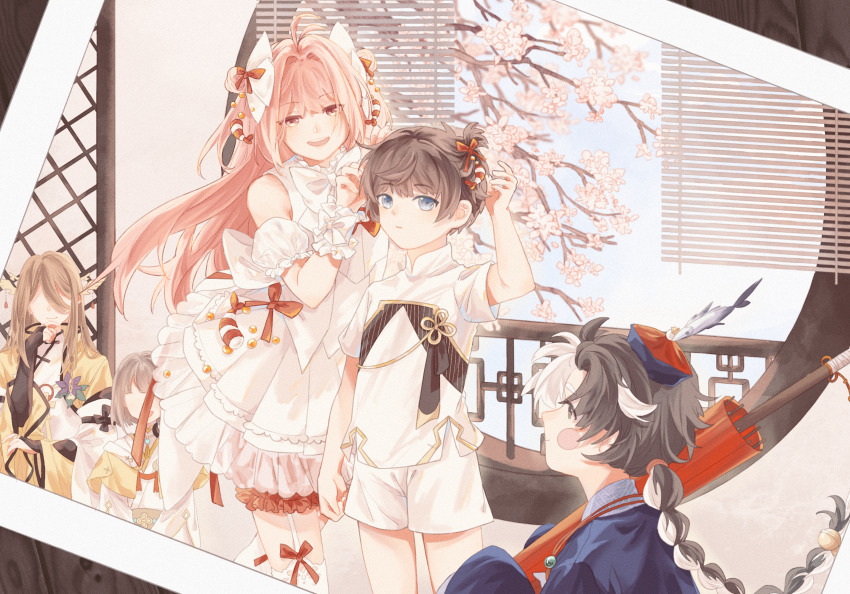 5boys, :d, age_difference, aged_down, bamboo_screen, black_bridal_gauntlets, black_hair, bloomers