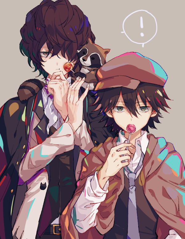 !, 2boys, animal, animal_on_shoulder, belt, black_hair, black_vest, blue_necktie