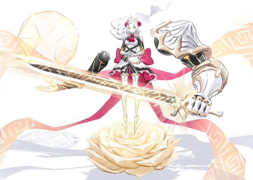 1girl, adapted_costume, armor, armored_boots, armored_dress, ascot, back_bow, ballet_boots