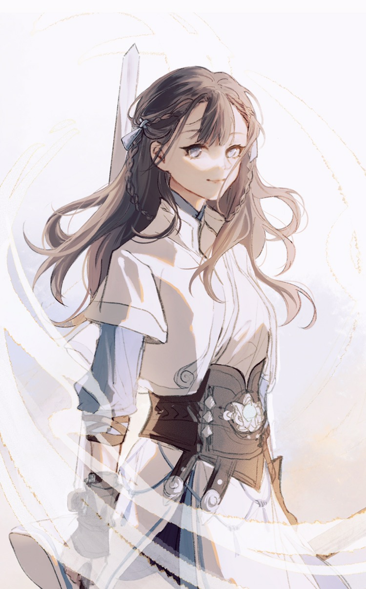 1girl, arm_guards, black_hair, black_sash, blue_eyes, blue_ribbon, blue_sleeves, braid, center-flap_bangs, chinese_clothes, cowboy_shot, cropped_jacket, fanged_bangs, hair_ribbon, half_up_braid, hanfu, highres, holding, holding_sword, holding_weapon, jacket, jian_(weapon), layered_sleeves, long_hair, long_sleeves, looking_to_the_side, luoyangloung, open_clothes, open_jacket, reverse_grip, ribbon, robe, sash, short_over_long_sleeves, short_sleeves, side_braids, smile, smoke, solo, sword, weapon, white_background, white_jacket, white_robe, wuxia, yi_meng_jianghu