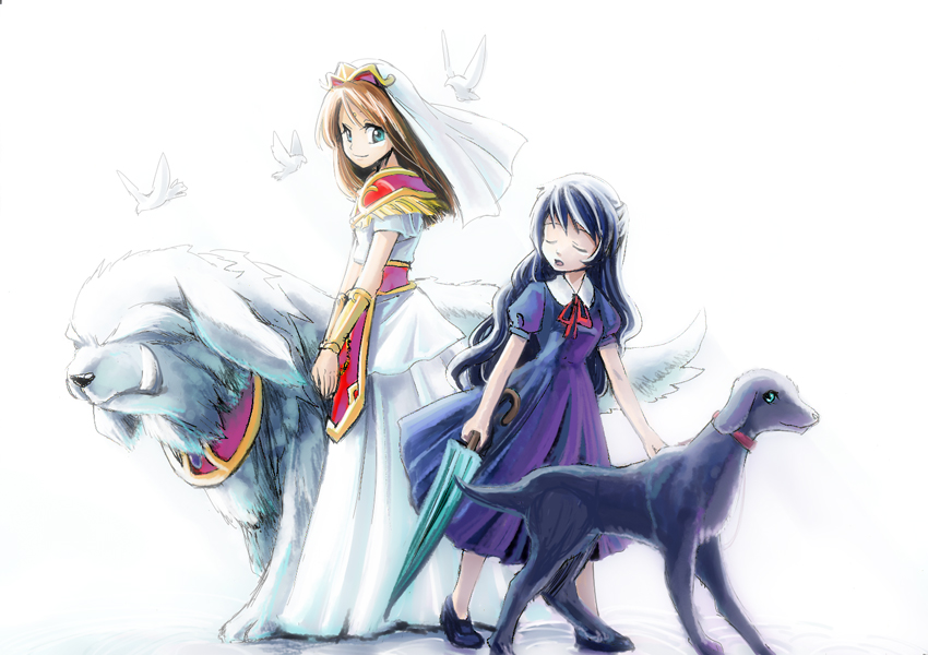 2girls, bird, black_dress, black_hair, black_vs_white, blue_eyes, brown_hair, closed_eyes