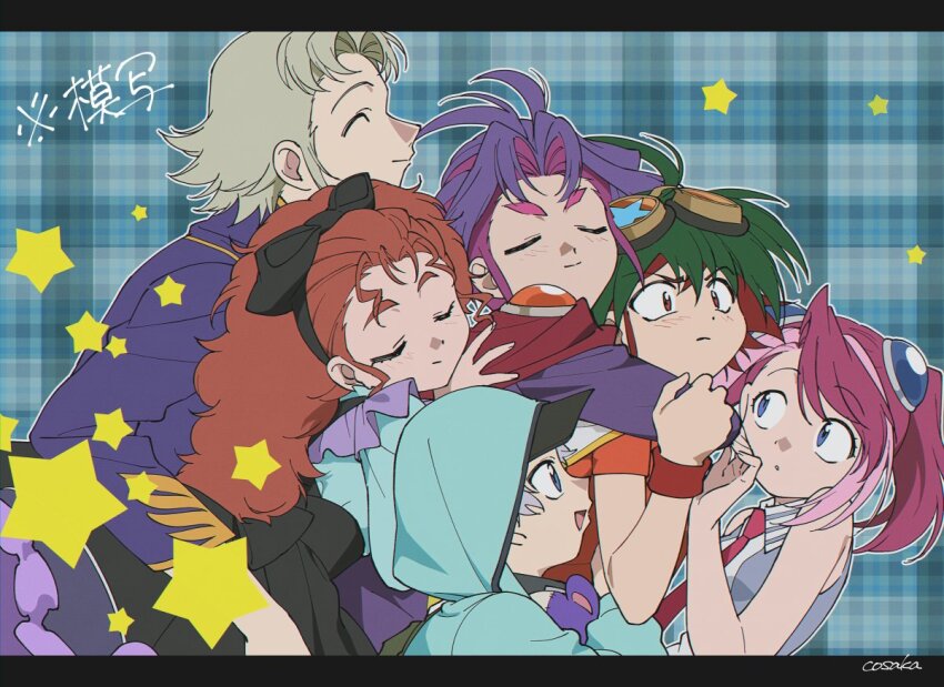 3boys, 3girls, akaba_reira, black_dress, blue_background, blue_eyes, brown_hair, closed_eyes, dress, goggles, goggles_on_head, green_hair, grey_hair, hiiragi_yuzu, hochun_mieru, holding, holding_stuffed_toy, hood, hooded_jacket, jacket, jean-michel_roger, joeri_(yu-gi-oh!), lunapont, mamotte_shugogetten!, multiple_boys, multiple_girls, orange_shirt, pink_hair, purple_hair, red_eyes, red_hair, sakaki_yuya, shirt, star_(symbol), stuffed_animal, stuffed_toy, teddy_bear, twintails, yu-gi-oh!, yu-gi-oh!_arc-v