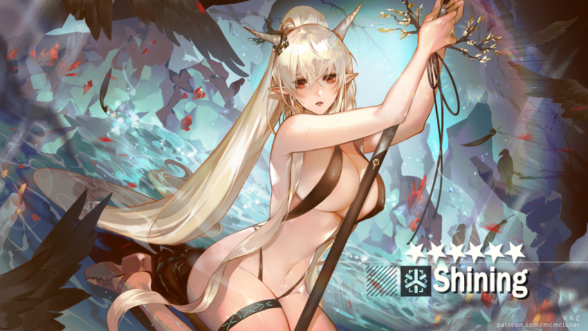 arknights, bare_shoulders, bikini, black_bikini, breasts, cleavage, halterneck, highleg