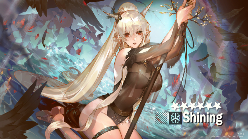 1girl, arknights, bare_shoulders, black_one-piece_swimsuit, breasts, hair_between_eyes, holding, holding_staff