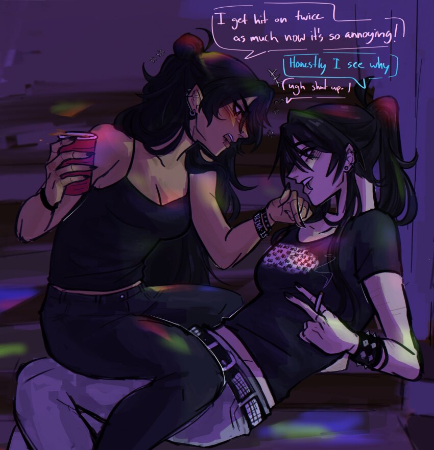 2girls, absurdres, alfaidopasta, belt, black_belt, black_hair, black_pants, black_shirt, black_tank_top, bracelet, cigarette, class_of_09, class_of_09:_the_flip_side, commentary, cup, denim, english_commentary, english_text, highres, holding, holding_cigarette, holding_cup, jecka_(class_of_09), jewelry, multiple_girls, nicole_(class_of_09), official_alternate_costume, pants, ponytail, shirt, sitting, sitting_on_person, studded_bracelet, tank_top, yuri