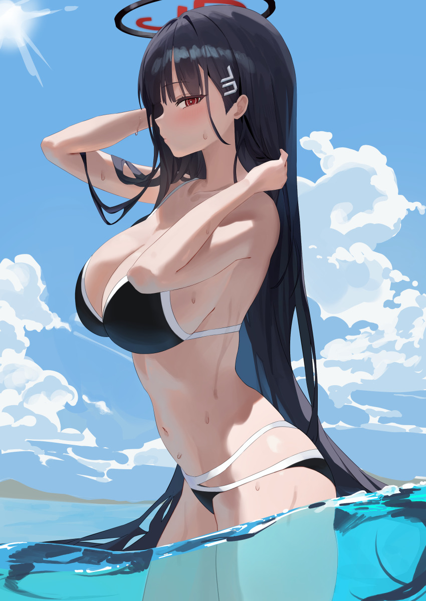 1girl, absurdres, alternate_costume, bare_shoulders, bikini, black_bikini, black_hair, black_halo, blue_archive, blue_sky, breasts, cleavage, closed_mouth, cloud, cloudy_sky, collarbone, cowboy_shot, from_side, hair_ornament, halo, hido88, highres, huge_breasts, long_hair, navel, ocean, partially_submerged, red_eyes, rio_(blue_archive), sky, solo, stomach, summer, swimsuit, thighs, very_long_hair, wet