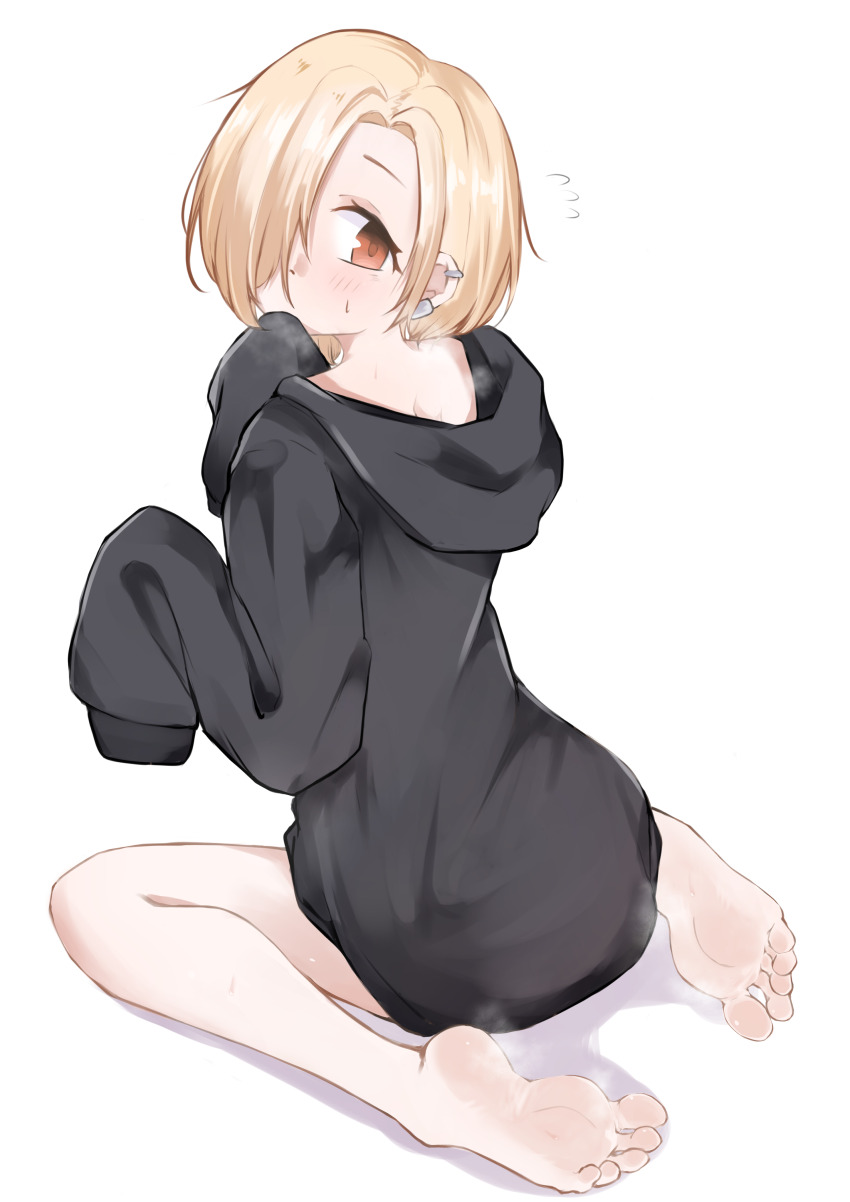 1girl, absurdres, bare_legs, barefoot, black_hoodie, blonde_hair, blush, brown_eyes
