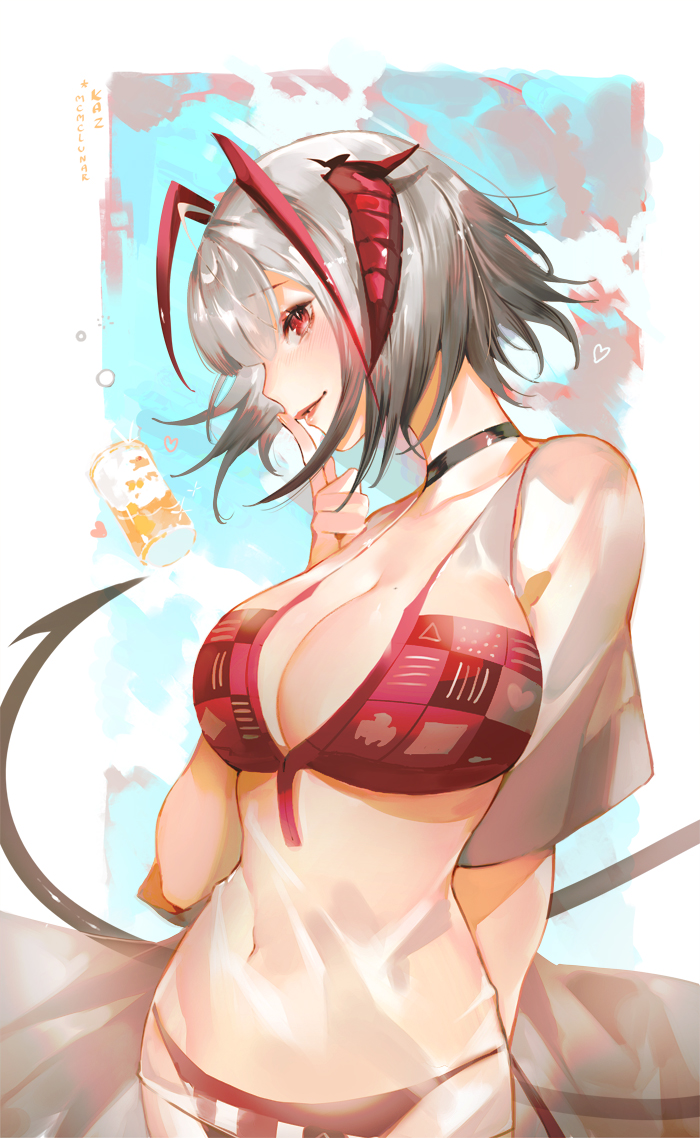 1girl, ahoge, alternate_costume, antenna_hair, arknights, bikini, choker, demon_girl