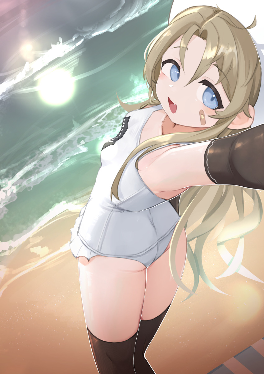 1girl, absurdres, alternate_costume, arm_up, bandaid, bandaid_on_cheek, bandaid_on_face, beach