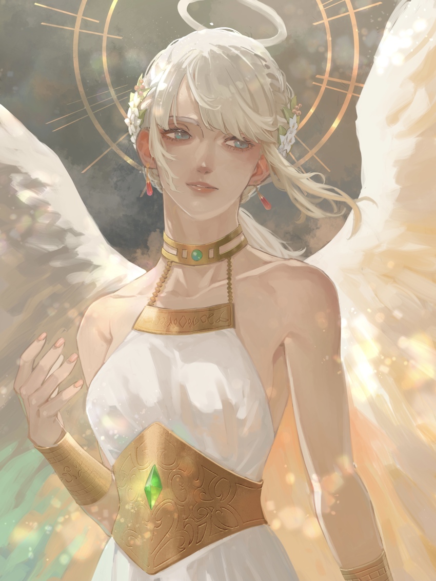 1girl, absurdres, ajpp6, bare_shoulders, blue_eyes, blunt_bangs, breasts, commentary_request