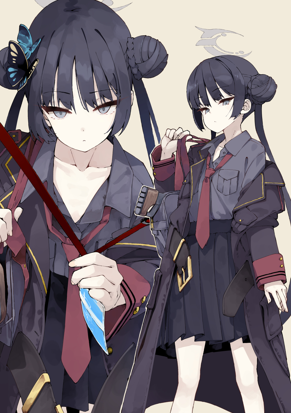 1girl, armband, black_coat, black_hair, black_shirt, black_skirt, blue_archive, blush