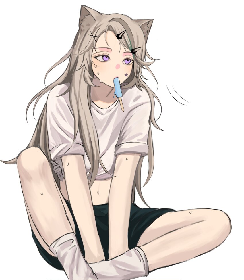 1girl, animal_ear_fluff, animal_ears, black_shorts, brown_hair, cat_ears, crop_top, facial_mark, food, food_in_mouth, genshin_impact, hair_ornament, hairclip, highres, long_hair, luminfch, lynette_(genshin_impact), midriff, mouth_hold, navel, popsicle, popsicle_in_mouth, purple_eyes, shirt, shorts, solo, star_(symbol), star_facial_mark, white_shirt, x_hair_ornament
