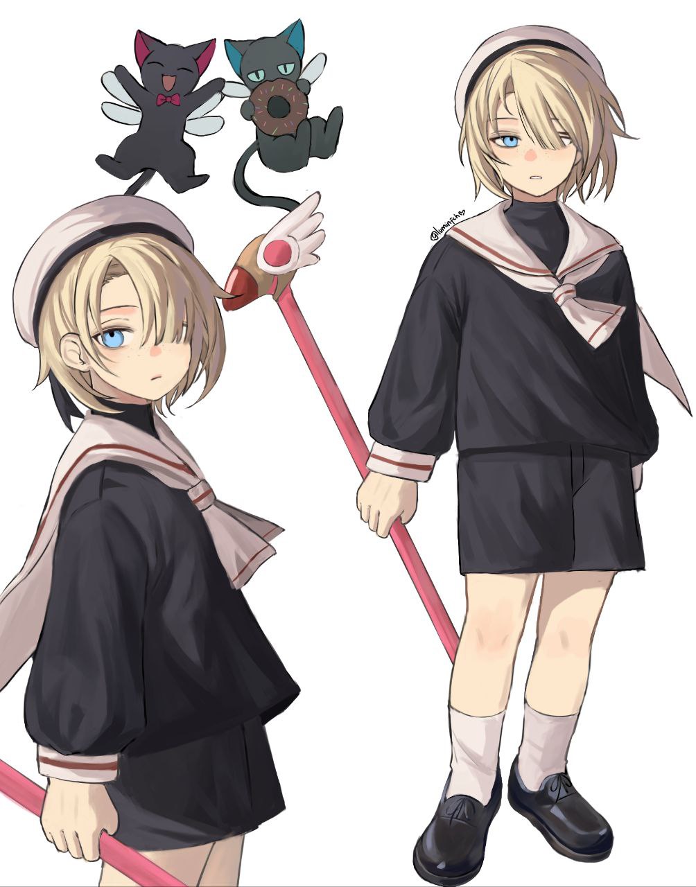 1boy, beret, black_footwear, black_shirt, black_shorts, blonde_hair, blue_eyes, cardcaptor_sakura