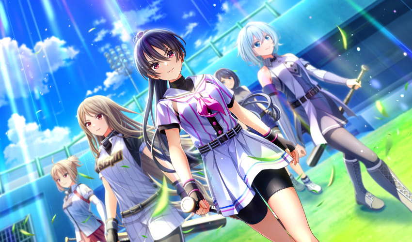 5girls, baseball_bat, baseball_stadium, baseball_uniform, belt, belt_buckle, bike_shorts, bike_shorts_under_skirt