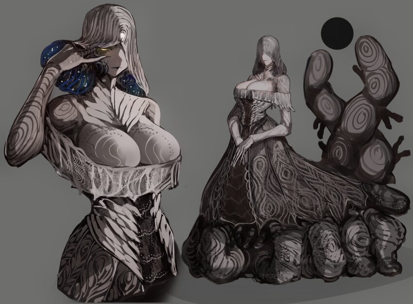 1girl, breasts, closed_mouth, colored_skin, dress, elden_ring, elden_ring:_shadow_of_the_erdtree, eldritch_abomination, fingerprint, grey_background, grey_dress, grey_skin, highres, huge_breasts, metyr_mother_of_fingers, monster_girl, multiple_views, off-shoulder_dress, off_shoulder, personification, simple_background, tomatolover16, too_many_fingers, yellow_eyes