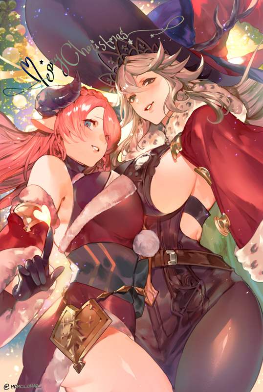 2girls, antler_ornament, horns_through_headwear, black_dress, black_gloves, braid, breasts, breasts_squeezed_together