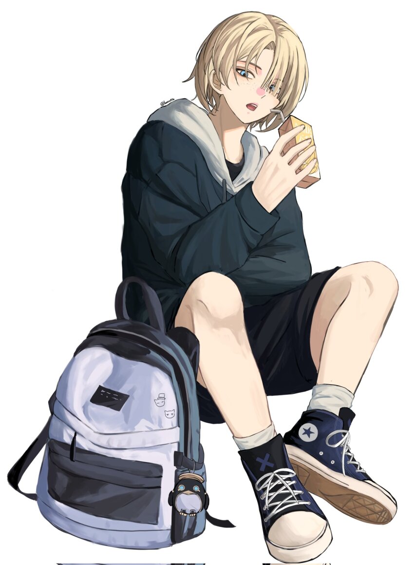 1boy, backpack, bag, black_shirt, black_shorts, blonde_hair, blue_eyes, blue_shoes