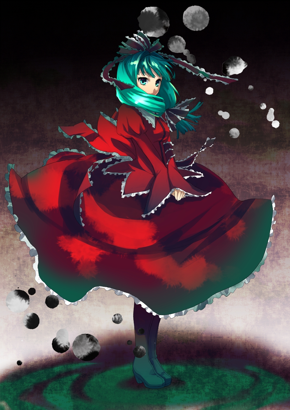 1girl, boots, bow, breasts, dress, female_focus, frills, front_ponytail