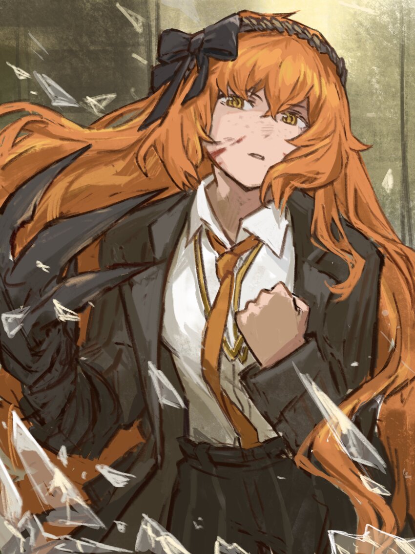 1girl, absurdres, black_bow, black_coat, black_hairband, black_pants, blood, blood_on_face, bow, bygone_days_(e.g.o), claws, coat, collared_shirt, cowboy_shot, e.g.o_(project_moon), freckles, glass_shards, hair_bow, hairband, highres, ishmael_(project_moon), jewelry, jiaoyu, lapels, limbus_company, locket, long_hair, looking_at_viewer, necklace, necktie, notched_lapels, orange_hair, orange_necktie, pants, pendant, project_moon, rope, shirt, sidelocks, solo, very_long_hair, white_shirt, yellow_eyes