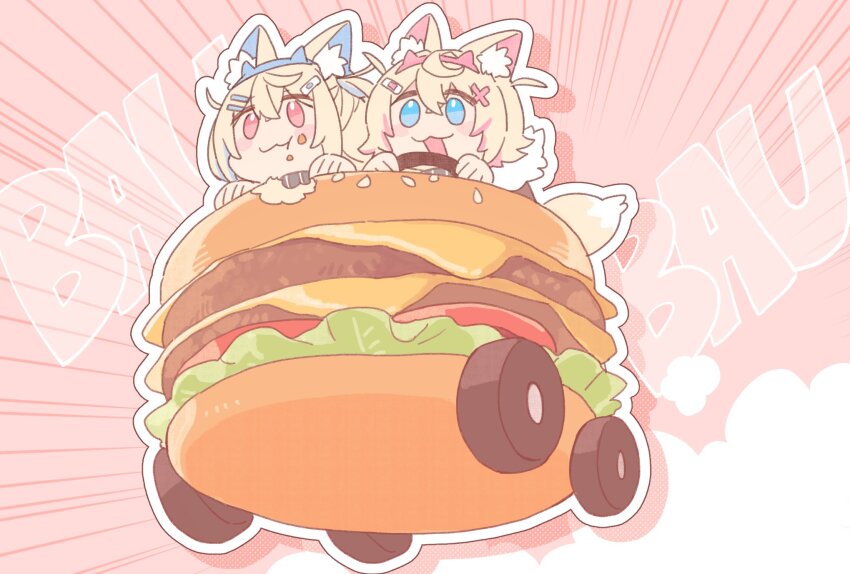 2girls, animal_ear_fluff, animal_ears, blonde_hair, blue_eyes, blue_hair, blue_hairband, burger