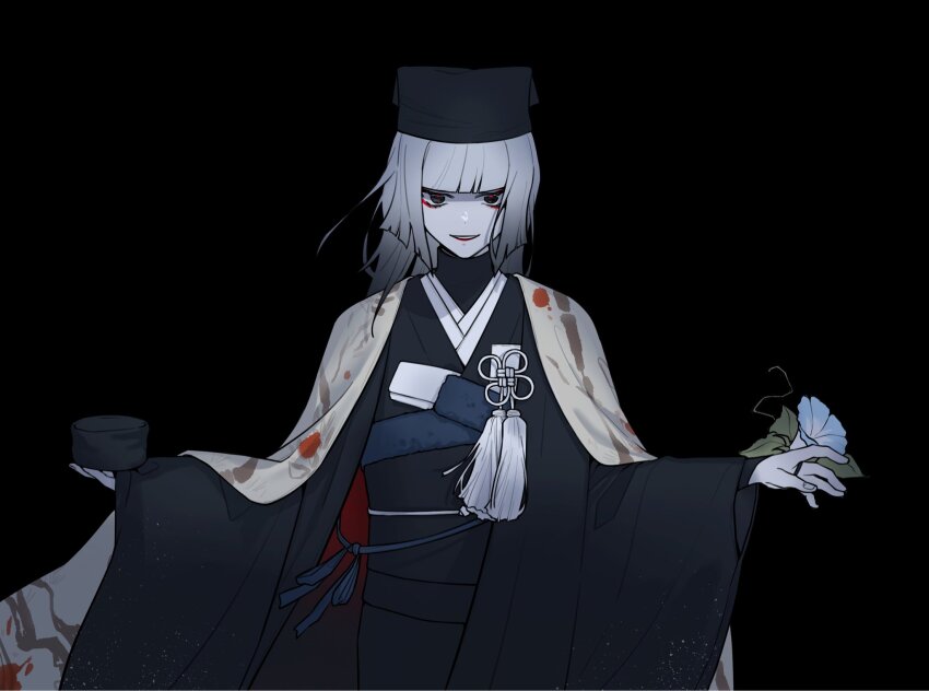 1girl, black_background, black_eyes, black_kimono, blunt_bangs, brown_kimono, chajinbou, class_miner, cup, dark, eyeliner, fate/grand_order, fate_(series), floral_print, floral_print_kimono, flower, flower_knot, gradient_hair, grey_hair, highres, japanese_clothes, kimono, lipstick, long_hair, makeup, morning_glory, multicolored_hair, obi, print_kimono, red_eyeliner, sash, sen_no_rikyu_(fate), sen_no_rikyu_(second_ascension)_(fate), simple_background, smile, solo, tassel, white_hair, yunomi