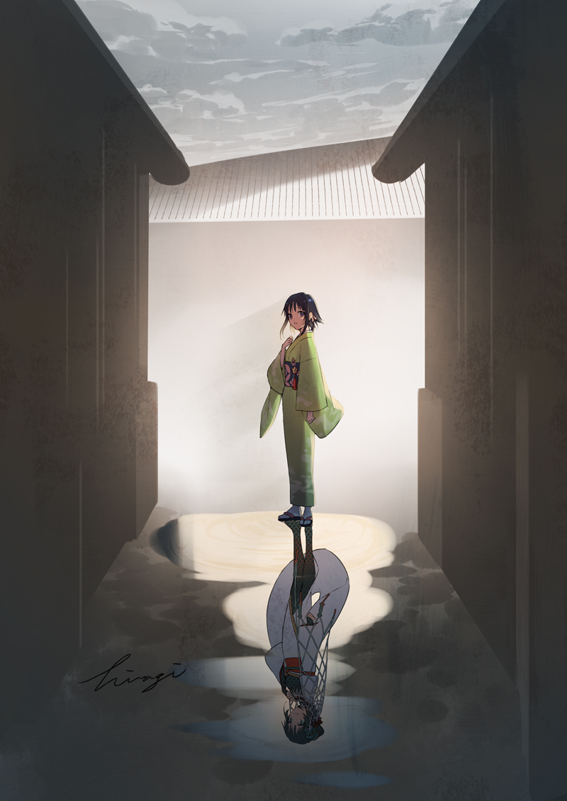 2girls, black_hair, braid, braided_hair_rings, different_reflection, fate/samurai_remnant, fate_(series), fishing_net