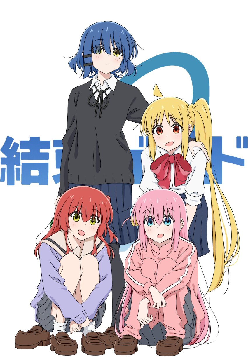 4girls, absurdres, ahoge, black_ribbon, black_sweater, blonde_hair, blue_eyes, blue_hair