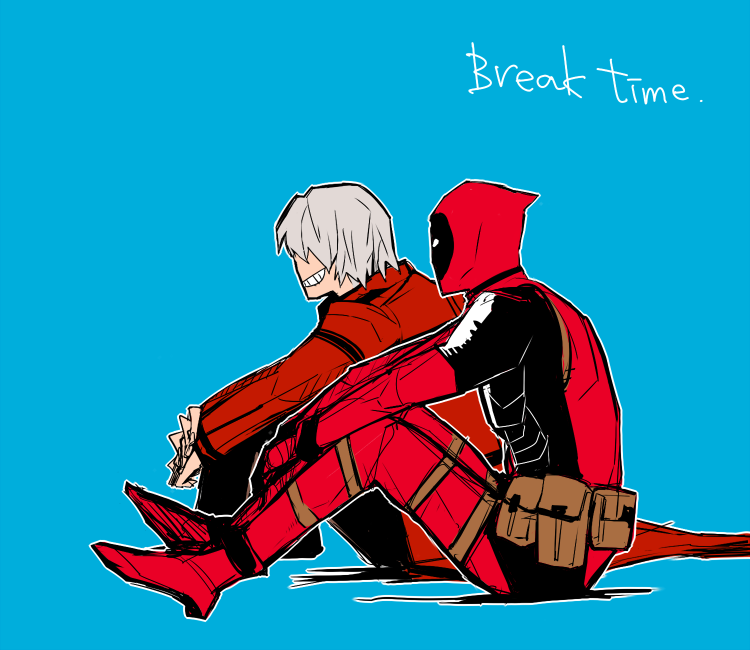 2boys, bad_id, bad_pixiv_id, blue_background, capcom, dante_(devil_may_cry), deadpool, deadpool_(series), devil_may_cry, devil_may_cry_(series), devil_may_cry_3, fujisakingu, grey_hair, grin, male_focus, marvel, marvel_vs._capcom, marvel_vs._capcom_3, multiple_boys, smile