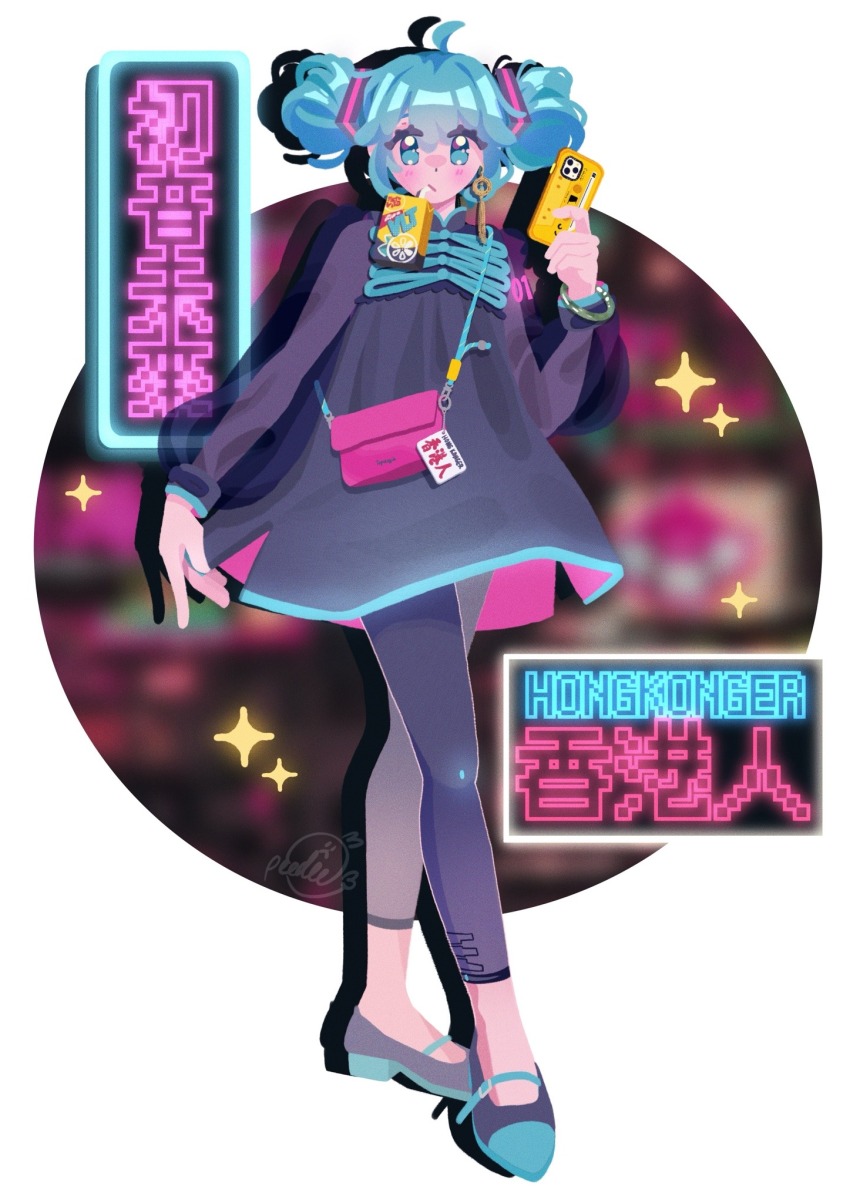 1girl, :/, ahoge, alternate_costume, alternate_hairstyle, aqua_eyes, aqua_hair, artist_name, bag, bag_charm, bangle, black_dress, black_leggings, blurry, blurry_background, blush, bracelet, character_name, charm_(object), chinese_text, closed_mouth, commentary, crossed_legs, double_bun, dress, drink, drink_carton, drinking_straw, earrings, english_commentary, english_text, full_body, hair_bun, hair_up, hand_up, hatsune_miku, highres, holding, holding_phone, hong_kong, jewelry, juice_box, leggings, long_sleeves, looking_at_viewer, neon_lights, no_lineart, peedee_(pidi), phone, pink_bag, place_name, pointy_shoes, satchel, see-through_clothes, see-through_sleeves, shoes, single_earring, smartphone_case, solo, sparkle, traditional_chinese_text, trapeze_dress, updo, vocaloid, water, white_background
