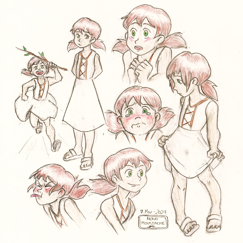 bare_shoulders, child, clothes_lift, colored_pencil_(medium), dated, dress, dress_lift, multiple_expressions