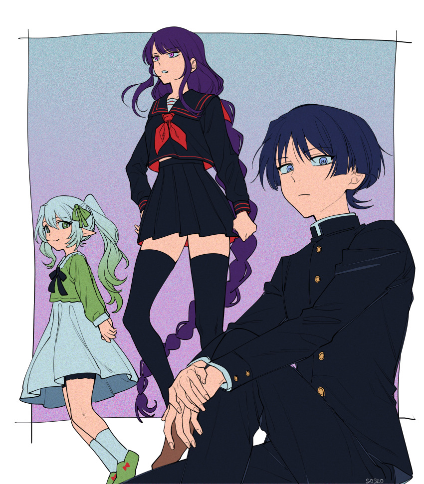 1boy, 2girls, absurdres, alternate_costume, black_sailor_collar, black_serafuku, black_skirt, black_thighhighs