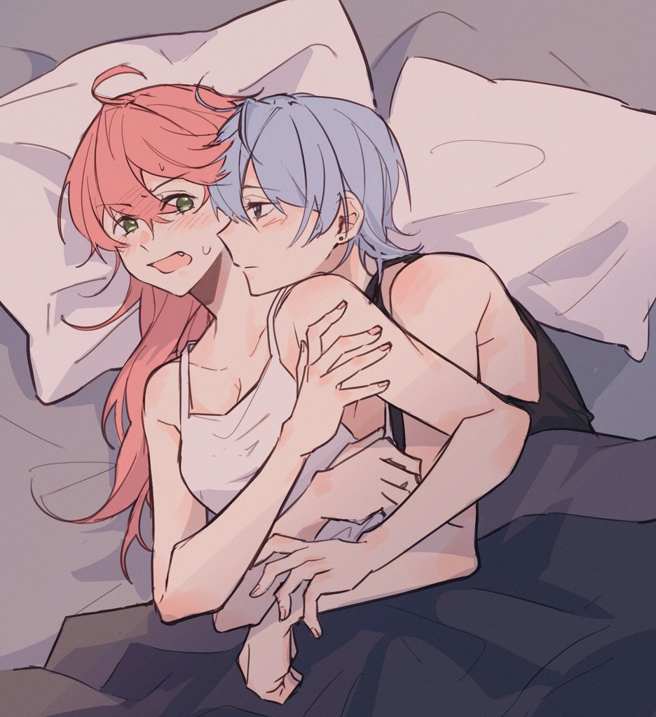 2girls, bare_arms, black_tank_top, blue_hair, blush, closed_mouth, commentary, cuddling