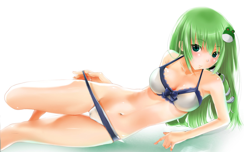 1girl, aqua_eyes, arm_support, bad_id, bad_pixiv_id, bikini, bikini_pull, blue_eyes, cameltoe, clothes_pull, female_focus, frog, green_eyes, green_hair, hair_ornament, hair_tubes, kochiya_sanae, long_hair, lying, matching_hair/eyes, mori3, navel, on_side, panties, panty_pull, pulling_own_clothes, snake, solo, swimsuit, thigh_gap, touhou, underwear, underwear_only, undressing, white_bikini