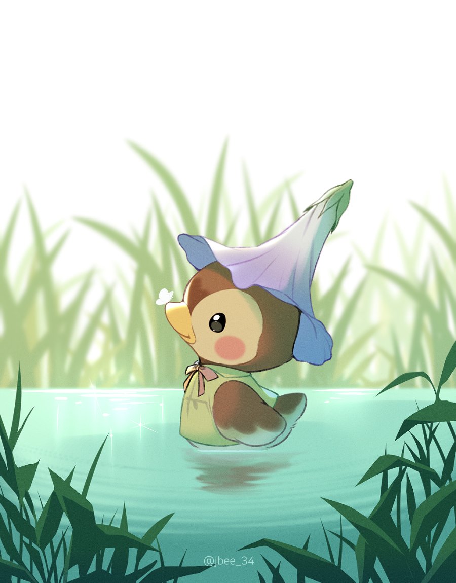 1girl, animal_crossing, beak, bird_girl, blush_stickers, bug, butterfly, chibi