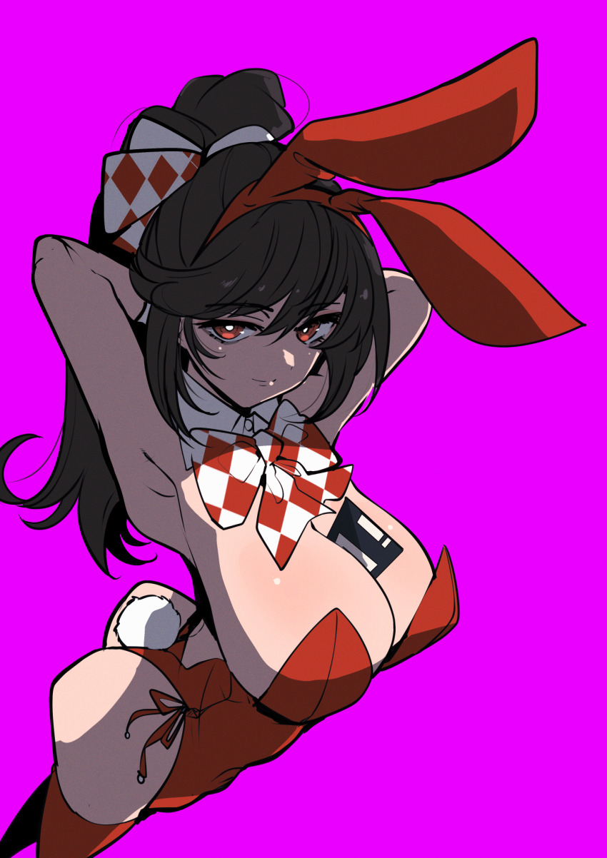 1girl, animal_ears, armpits, arms_behind_head, arms_up, ass, between_breasts, black_hair, bow, bowtie, breasts, checkered_bow, checkered_bowtie, checkered_clothes, closed_mouth, cowboy_shot, detached_collar, fake_animal_ears, floppy_disk, from_above, from_side, hair_bow, highres, large_breasts, leotard, long_hair, looking_at_viewer, pink_background, playboy_bunny, ponytail, rabbit_ears, rabbit_tail, red_eyes, red_leotard, red_thighhighs, reverse:1999, see-through_clothes, see-through_leotard, semmelweis_(reverse:1999), simple_background, smile, solo, strapless, strapless_leotard, tail, thighhighs, ziyunshanding