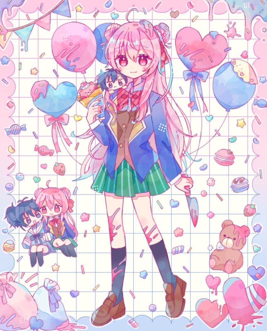 2girls, 8_kusa, :t, ahoge, balloon, black_socks, blue_eyes, blue_hair, blue_jacket, blue_shirt, blue_skirt, bow, bowtie, brown_footwear, brown_vest, candy_print, chibi, chibi_inset, closed_mouth, dark_blue_hair, double_bun, food_print, fruit_print, full_body, green_skirt, hair_between_eyes, hair_bun, happy_sugar_life, heart, heart_balloon, highres, holding, holding_knife, jacket, knife, koube_shio, loafers, long_hair, long_sleeves, looking_at_another, matsuzaka_satou, mini_person, minigirl, multiple_girls, open_mouth, pink_eyes, pink_hair, ponytail, red_bow, red_bowtie, sailor_collar, school_uniform, shirt, shoes, short_hair, sitting, skirt, smile, socks, star_(symbol), strawberry_print, string_of_flags, striped_bow, striped_bowtie, striped_clothes, very_long_hair, vest, white_sailor_collar, white_shirt, yume_kawaii