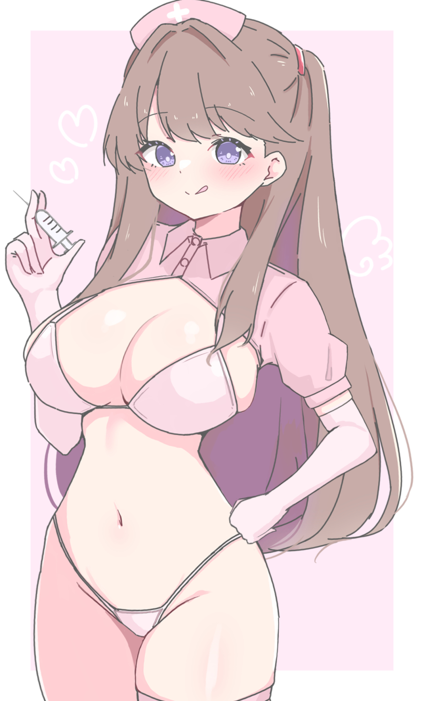 1girl, :q, alternate_costume, bikini, blush, border, breasts, brown_hair, cleavage, closed_mouth, collared_shrug, commentary, cowboy_shot, cross, elbow_gloves, fujishima_megumi, gloves, greek_cross, hand_on_own_hip, hat, heart, highres, holding, holding_syringe, large_breasts, link!_like!_love_live!, long_hair, love_live!, navel, nurse, nurse_cap, outside_border, pink_background, pink_gloves, pink_shrug, pink_thighhighs, puffy_short_sleeves, puffy_sleeves, purple_eyes, rokoroko_65, short_sleeves, shrug_(clothing), single_thighhigh, smile, solo, split_mouth, stomach, string_bikini, swimsuit, syringe, thighhighs, tongue, tongue_out, two_side_up, virtual_youtuber, white_bikini, white_border