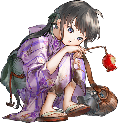 1girl, ahoge, basket, black_hair, burnt_clothes, candy_apple, commentary_request, cotton_candy