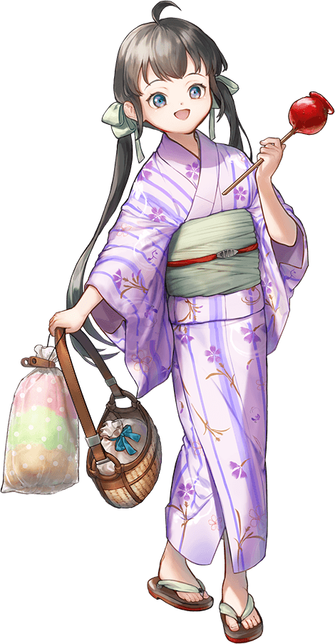 1girl, ahoge, basket, black_hair, candy_apple, commentary_request, cotton_candy, floral_print