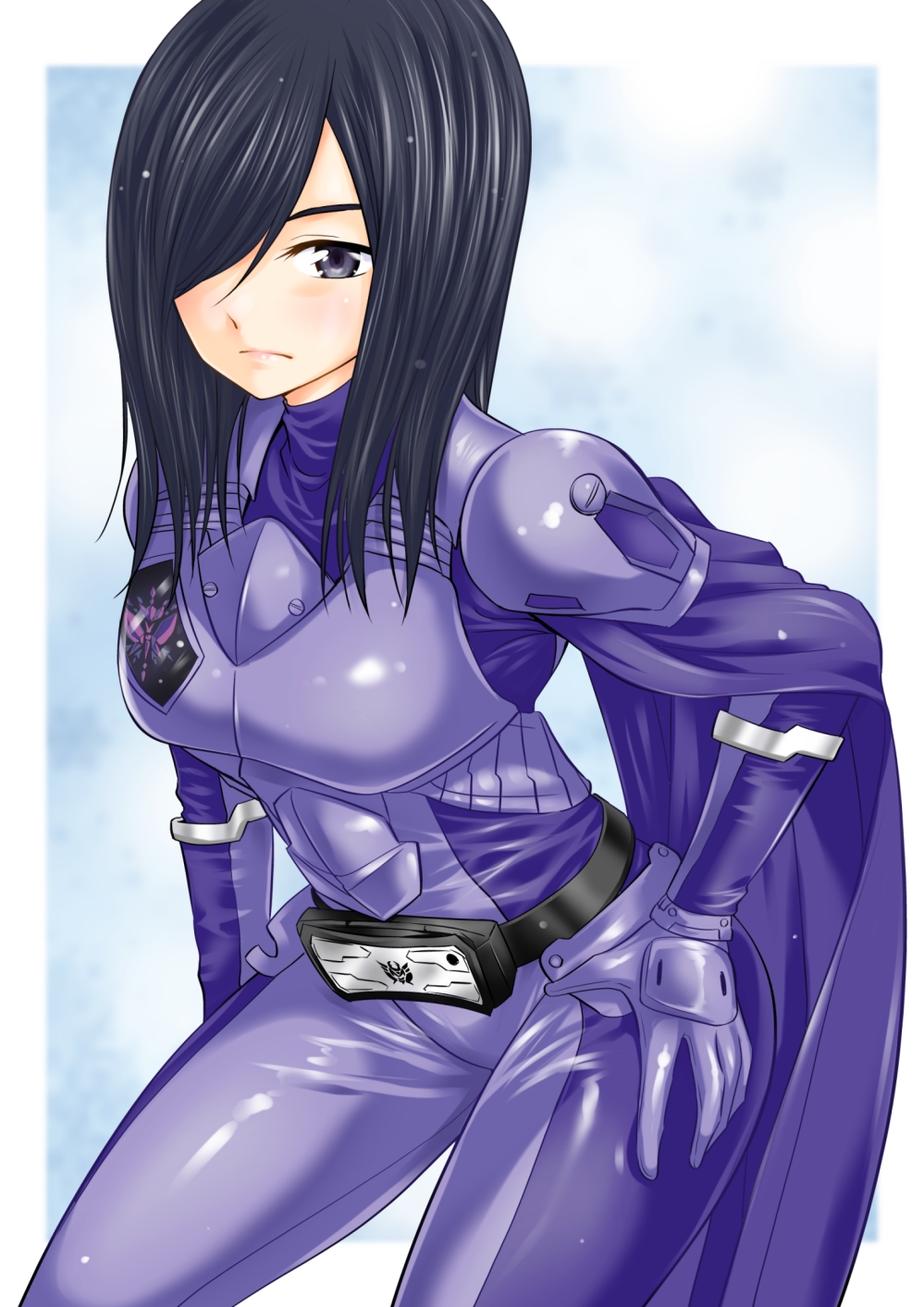 1girl, abe_tsukumo, belt, black_hair, bodysuit, hair_over_one_eye, heterochromia, highres