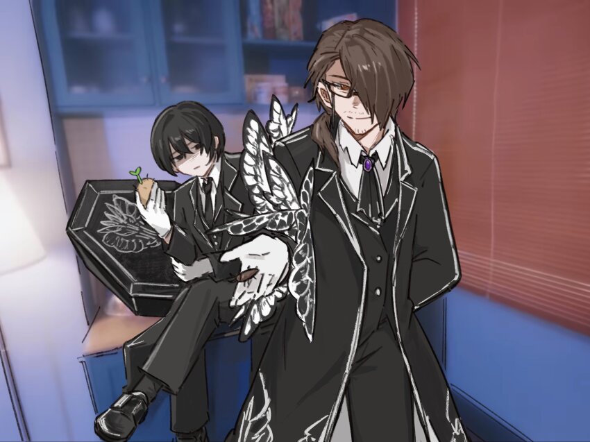 2boys, absurdres, ascot, asmrz, black_ascot, black_coat, black_eyes, black_hair