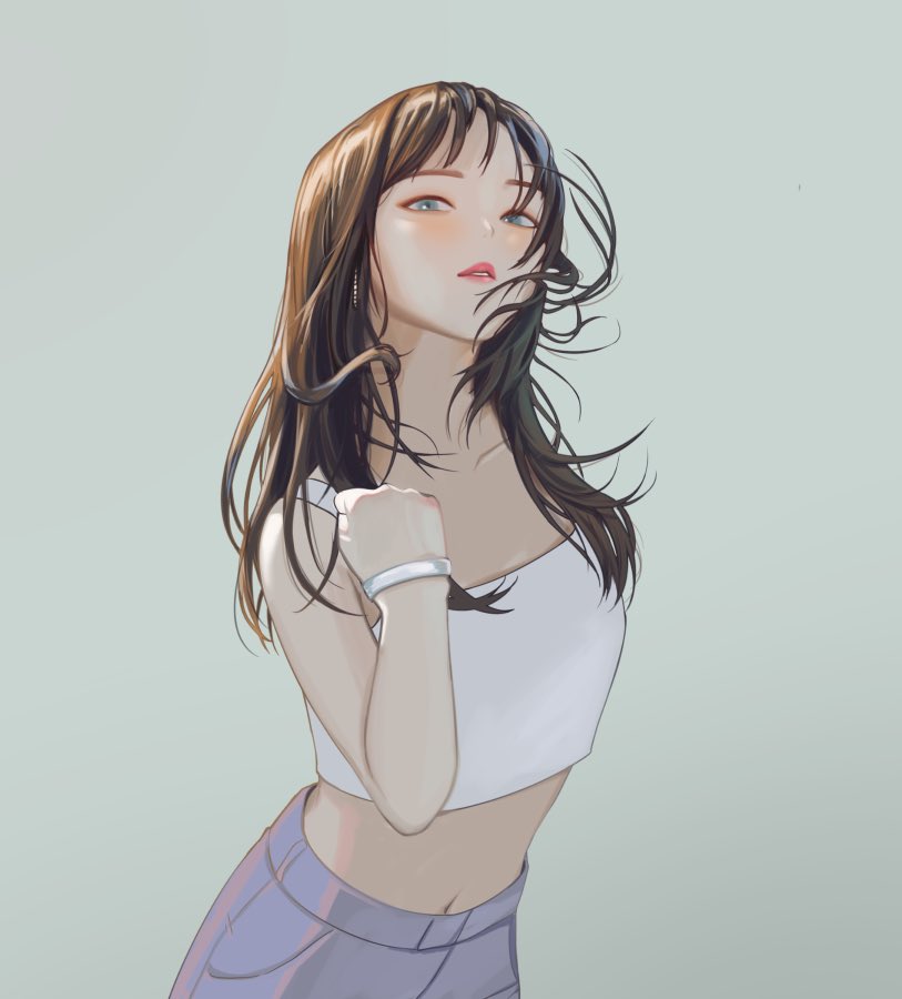 1girl, adirosa, blue_eyes, bracelet, brown_hair, clenched_hand, commentary, cowboy_shot