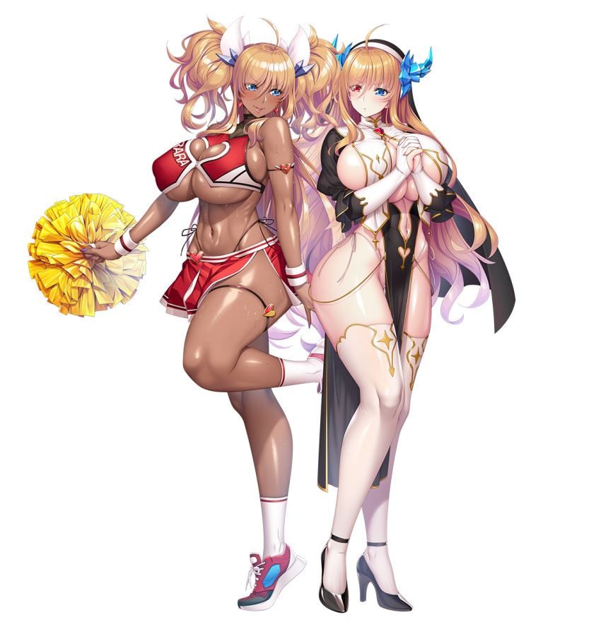 2girls, absurdly_long_hair, action_taimanin, alternate_form, alternate_skin_color, aoi_nagisa_(metalder), bikini, bikini_under_clothes, blonde_hair, blue_eyes, breasts, cheerleader, cleavage_cutout, clothing_cutout, dark-skinned_female, dark_skin, full_body, gyaru, heterochromia, high_heels, highleg, highleg_bikini, highres, horns, huge_breasts, lilith-soft, long_hair, looking_at_another, miniskirt, multiple_girls, navel, no_bra, nun, official_art, onizaki_kirara, onizaki_kirara_(future), pom_pom_(cheerleading), red_eyes, revealing_clothes, shiny_skin, shoes, simple_background, skirt, sneakers, source_request, standing, sweat, swimsuit, taimanin_(series), taimanin_rpgx, thong, thong_bikini, twintails, very_long_hair, very_sweaty, white_background